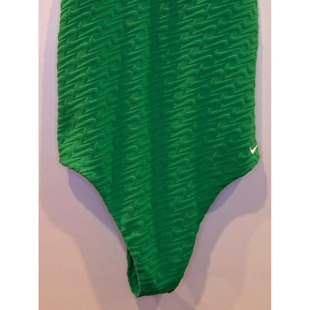 NIKE Swoosh Textured One Piece Swimsuit V Neck Y Back NEW Green Terry Large